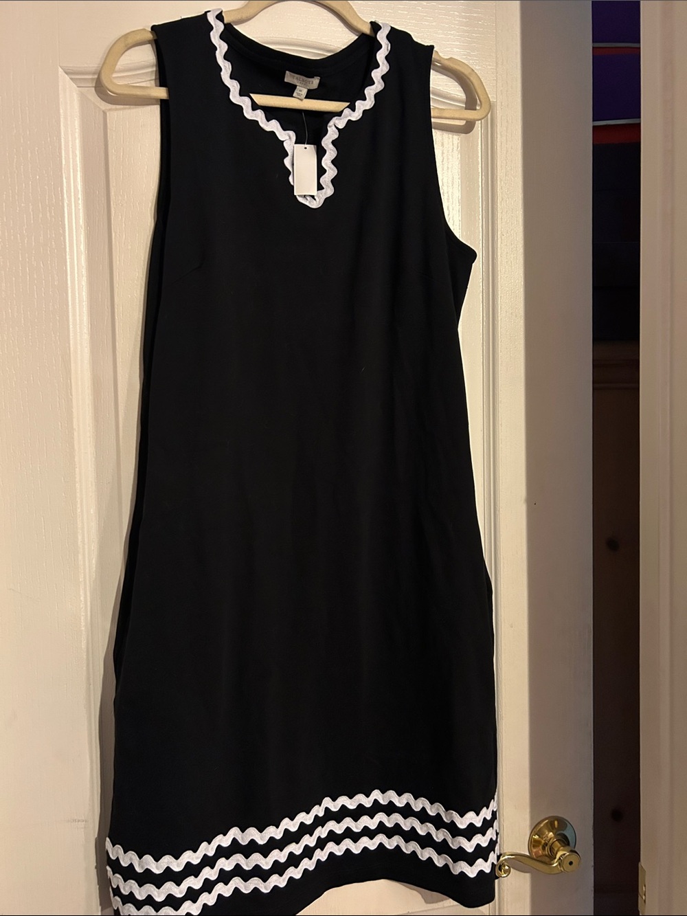 Talbots Black Shift Midi Dress with White Ric Rac Trim Cotton Medium